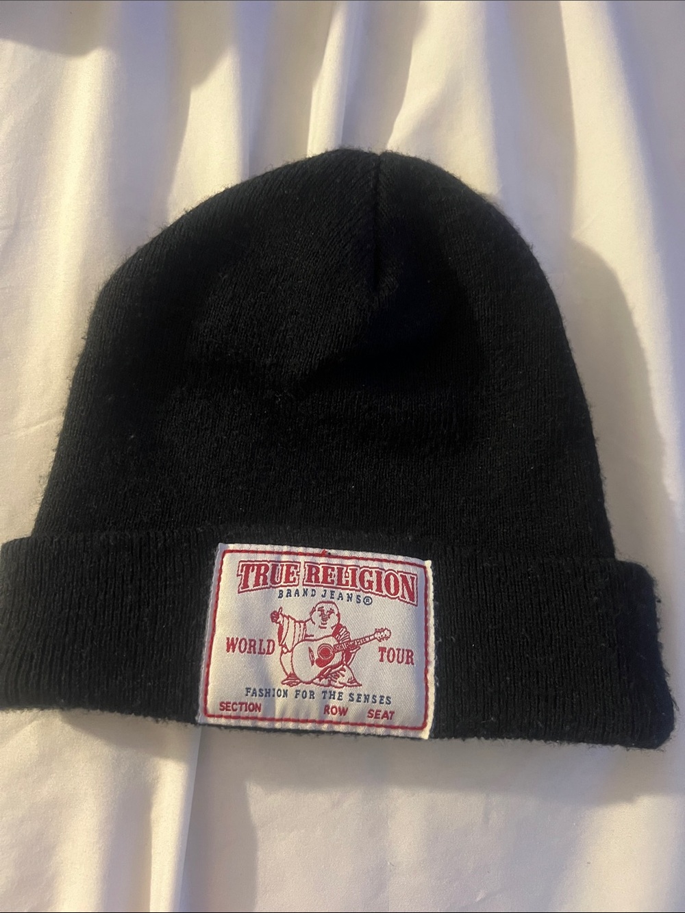 True Religion Black Beanie with Red and Cream Patch